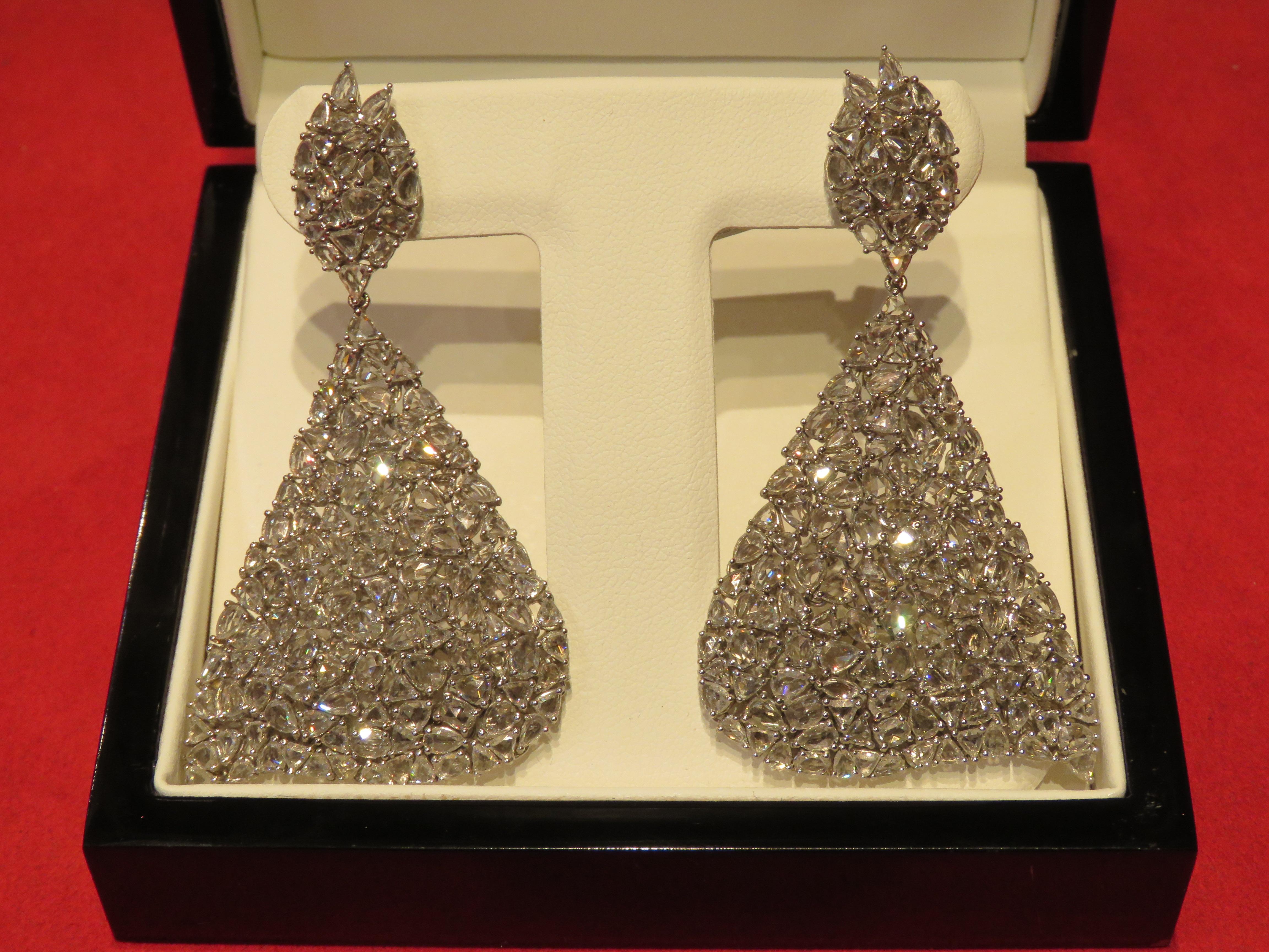 The Following Item we are offering are these Extremely Rare Beautiful 18KT Gold Fine Large Rosecut Diamond Dangle Drape Earrings. Each Earring features Rare Gorgeous Glittering Fancy Brilliant Rosecut Diamonds in 18KT Gold. T.C.W. Over 16CTS!!! The