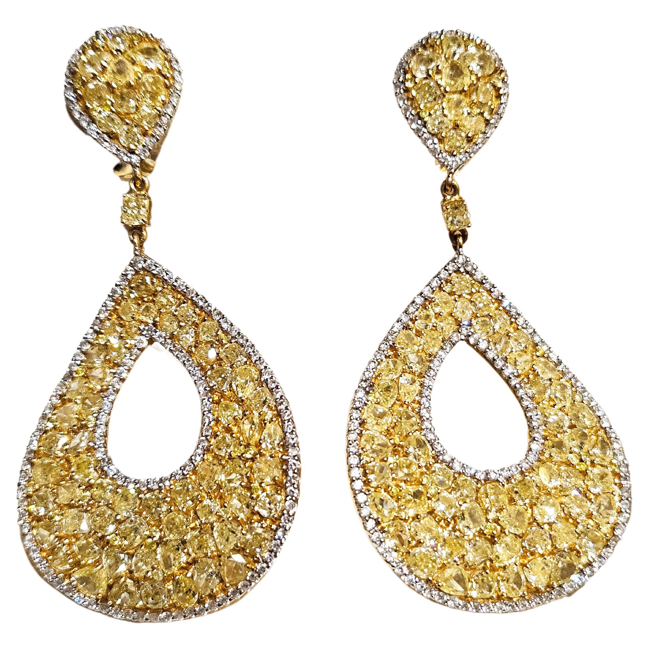 NWT $85, 000 Magnificent Fancy Rose Cut Yellow Diamond Dangle Gold Earrings For Sale