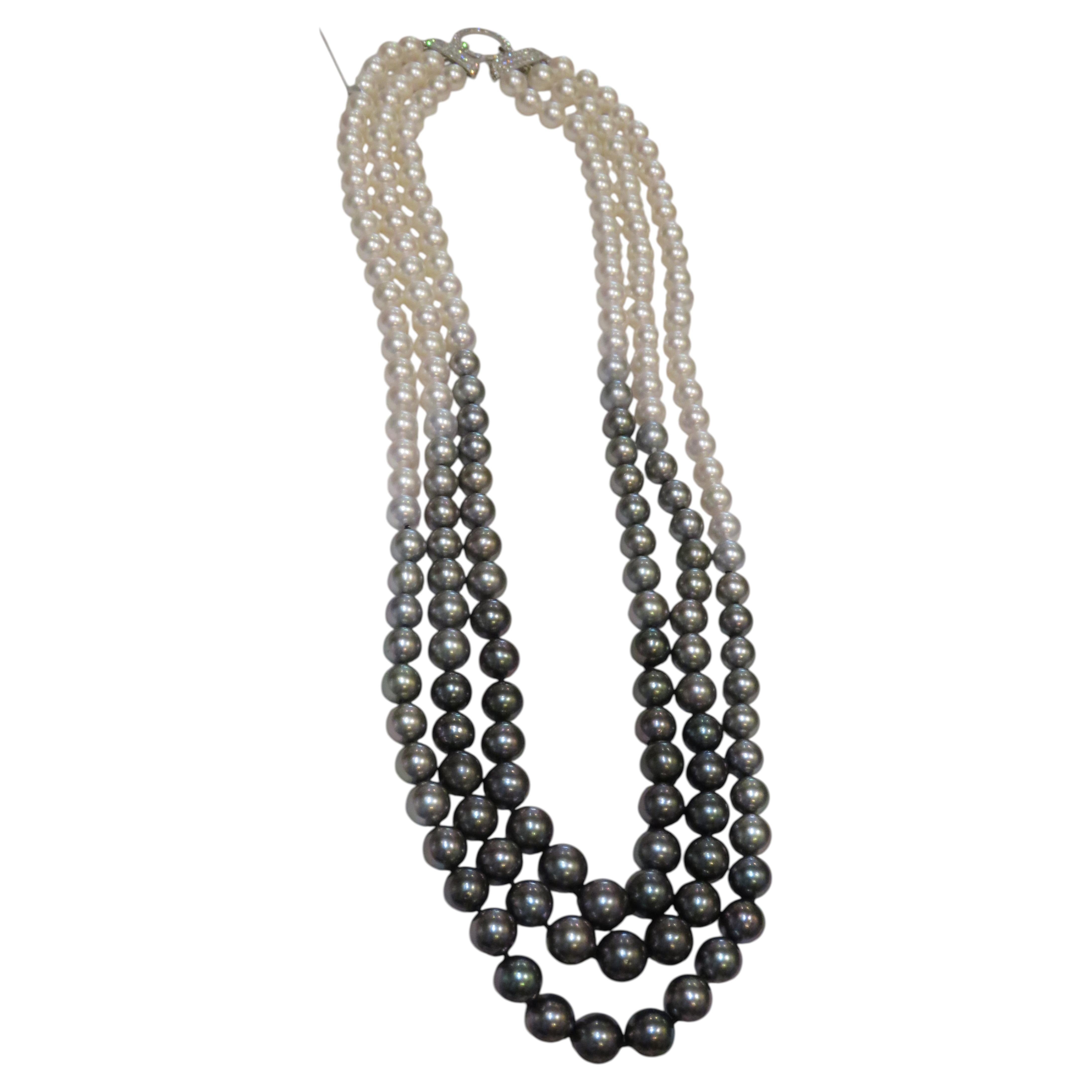NWT 85.000 $ Rara collana a triplo filo con perle tahitiane e Akoya da 18 carati e diamanti