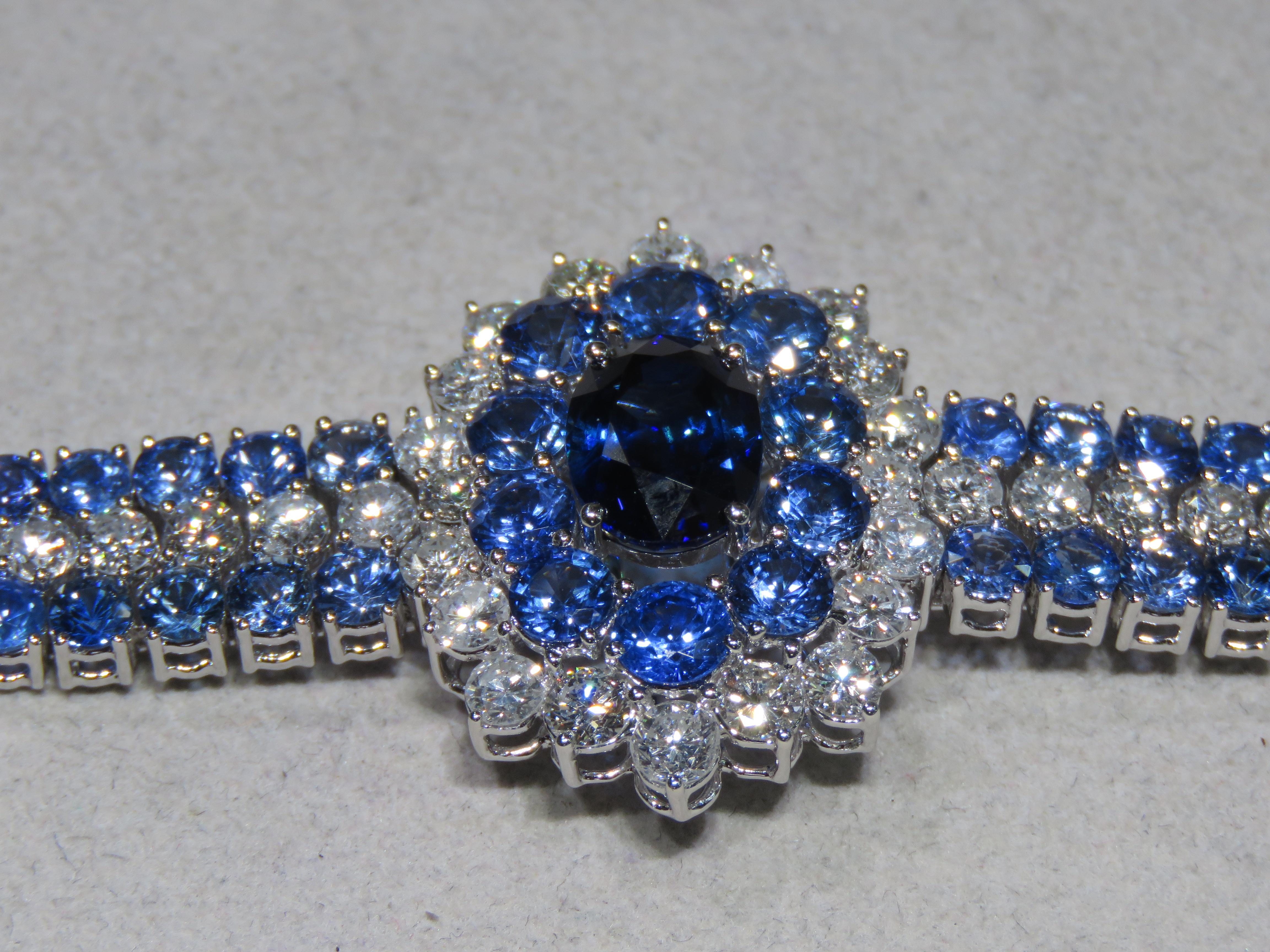 Mixed Cut NWT $87, 000 Rare Fancy 18KT Gold 30CT Gorgeous Ceylon Sapphire Diamond Bracelet For Sale