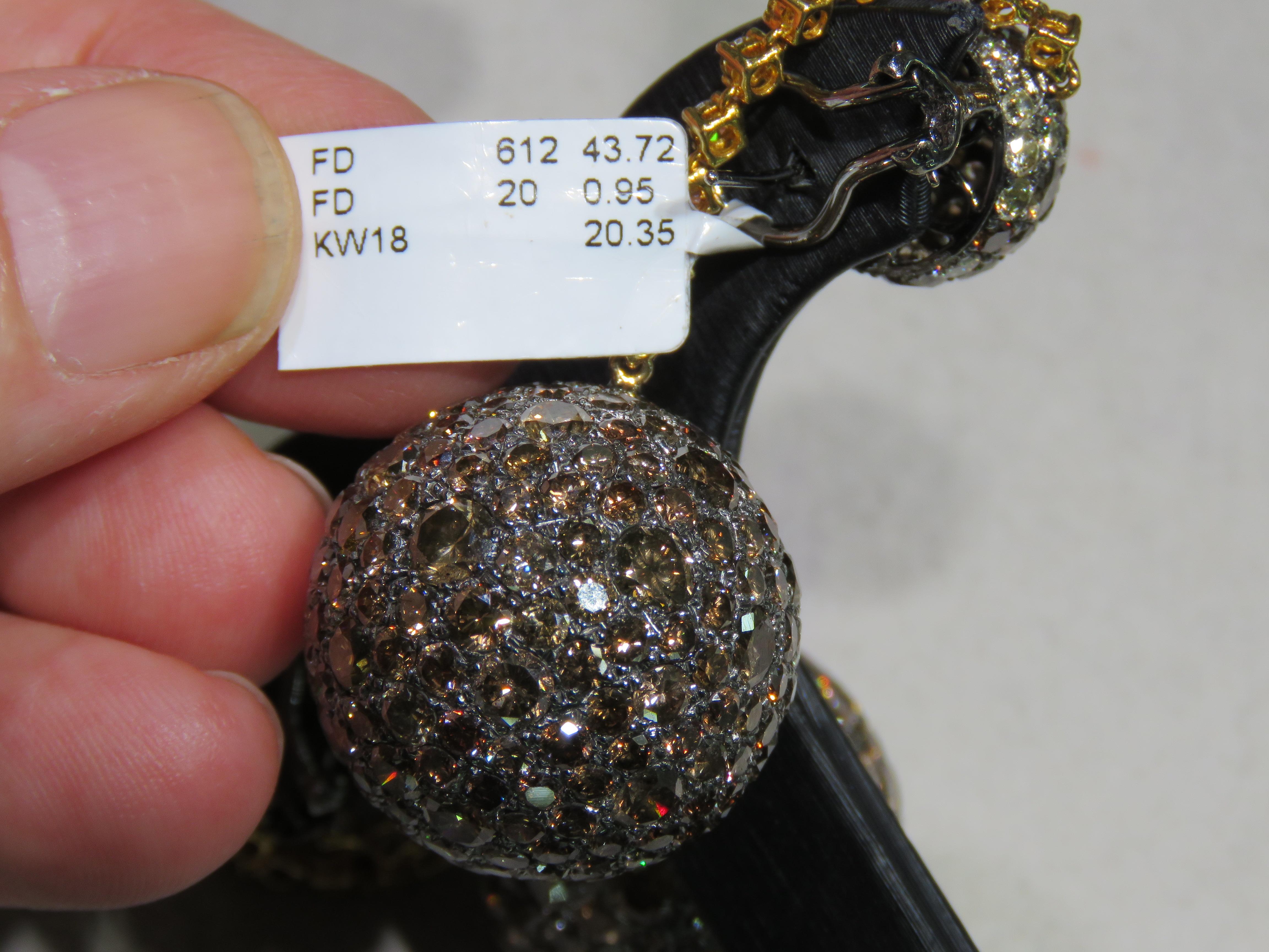 Women's NWT $89, 000 18KT Gold Magnificent 45CT Fancy Brown Cognac Diamond Earrings For Sale