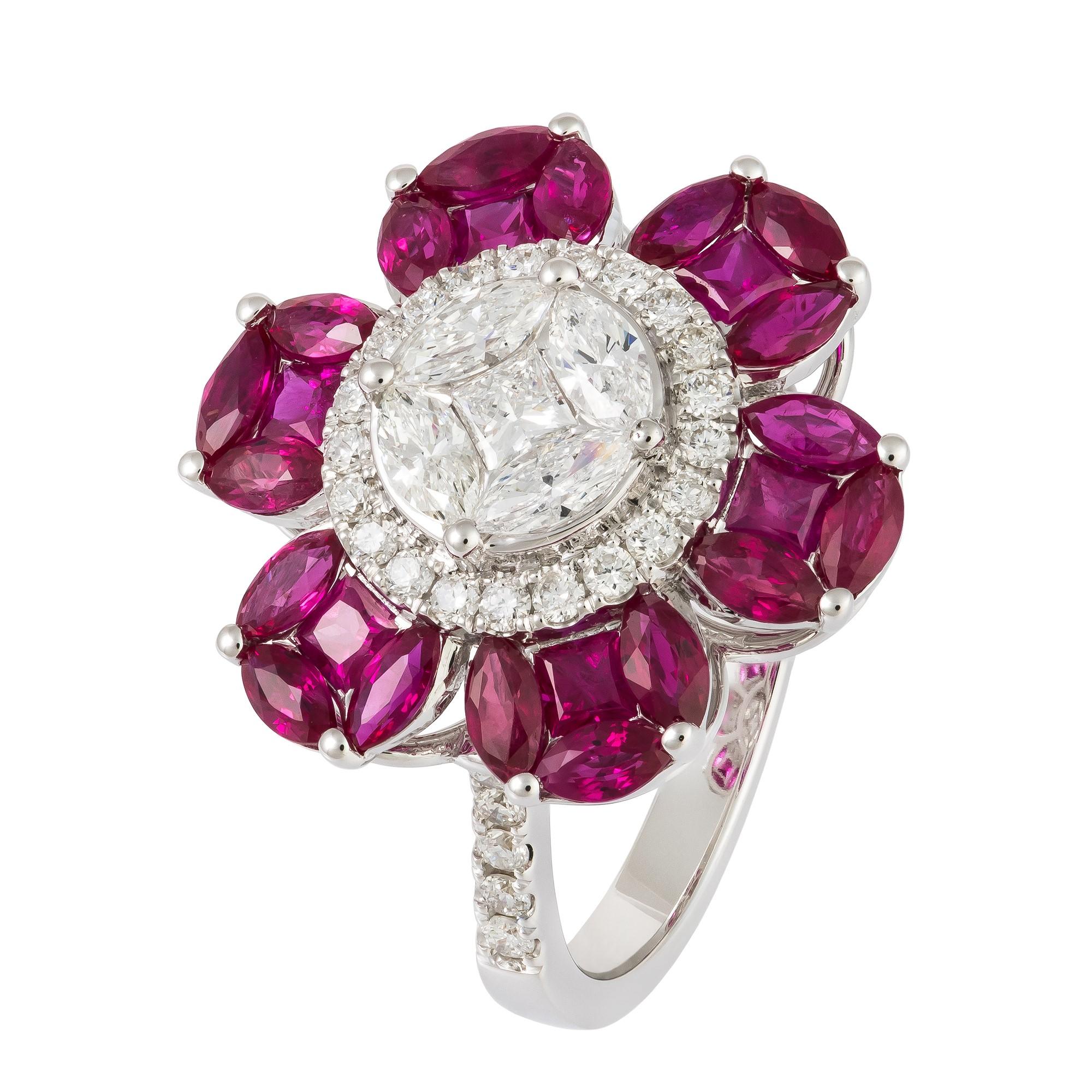 Taille mixte NWT $9, 000 18KT Gold Glittering Gorgeous Fancy Ruby Flower Diamond Ring en vente