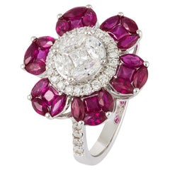 NWT $9, 000 18KT Gold Glittering Gorgeous Fancy Ruby Flower Diamond Ring
