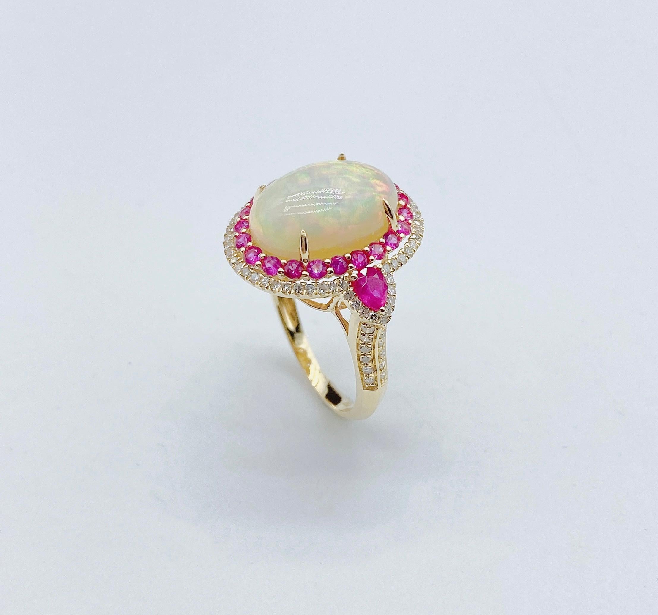 Mixed Cut Nwt 9, 059 Rare 18KT Fancy Large Gorgeous Glittering 6CT Opal Ruby Diamond Ring For Sale