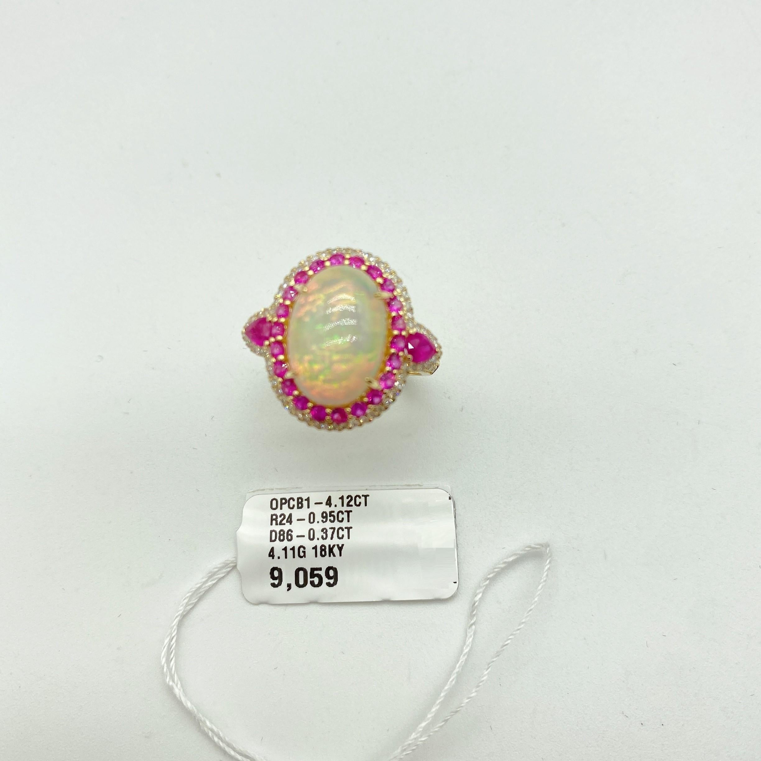 Nwt 9, 059 Rare 18KT Fancy Large Gorgeous Glittering 6CT Opal Ruby Diamond Ring In New Condition For Sale In New York, NY