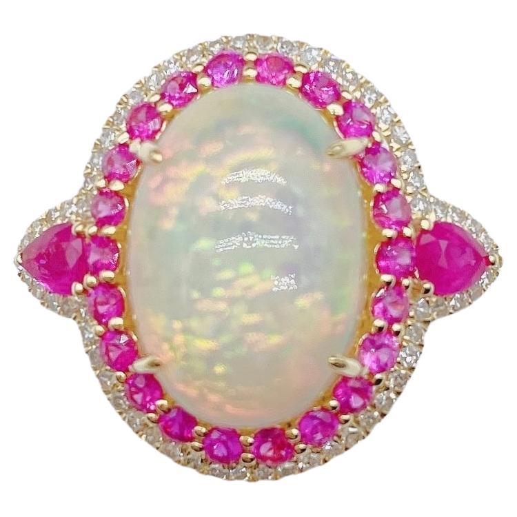 Nwt 9, 059 Rare 18KT Fancy Large Gorgeous Glittering 6CT Opal Ruby Diamond Ring For Sale