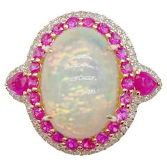 Nwt 9, 059 Rare 18KT Fancy Large Gorgeous Glittering 6CT Opal Ruby Diamond Ring