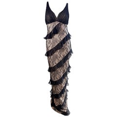 NWT $9, 500 CD Greene Couture 2000s Taglia 4 / 6 Nero Nudo Seta Pizzo Vintage Gown