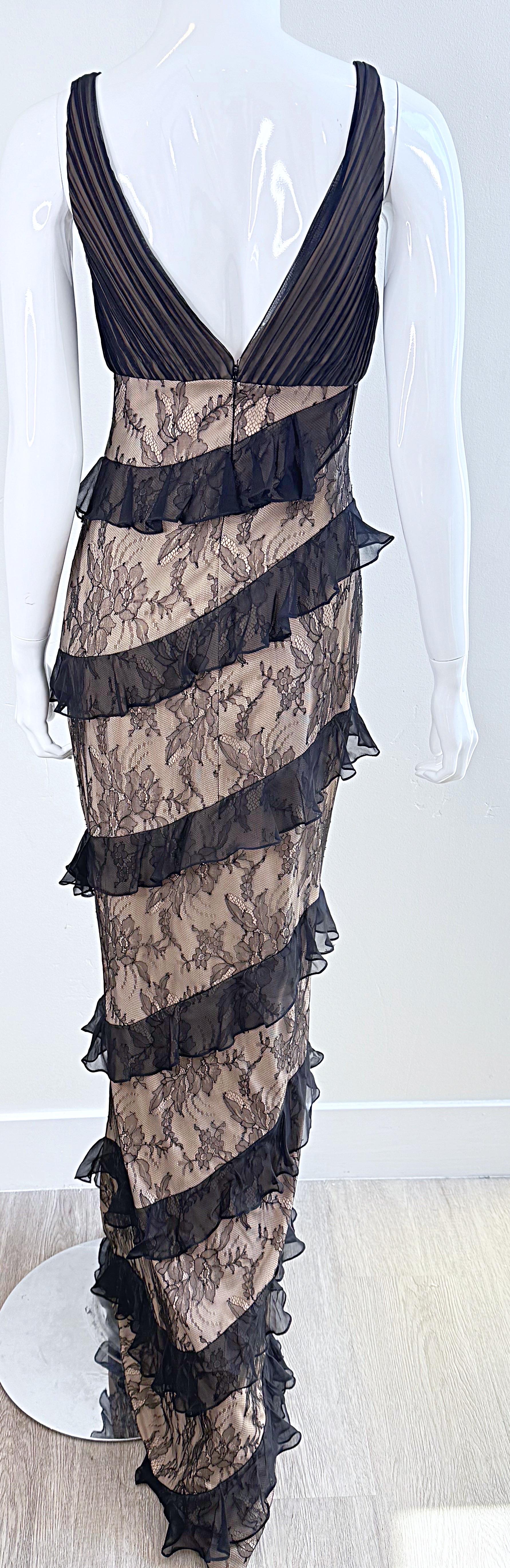 Women's NWT $9, 500 CD Greene Couture 2000s Size 4 / 6 Black Nude Silk Lace Vintage Gown For Sale