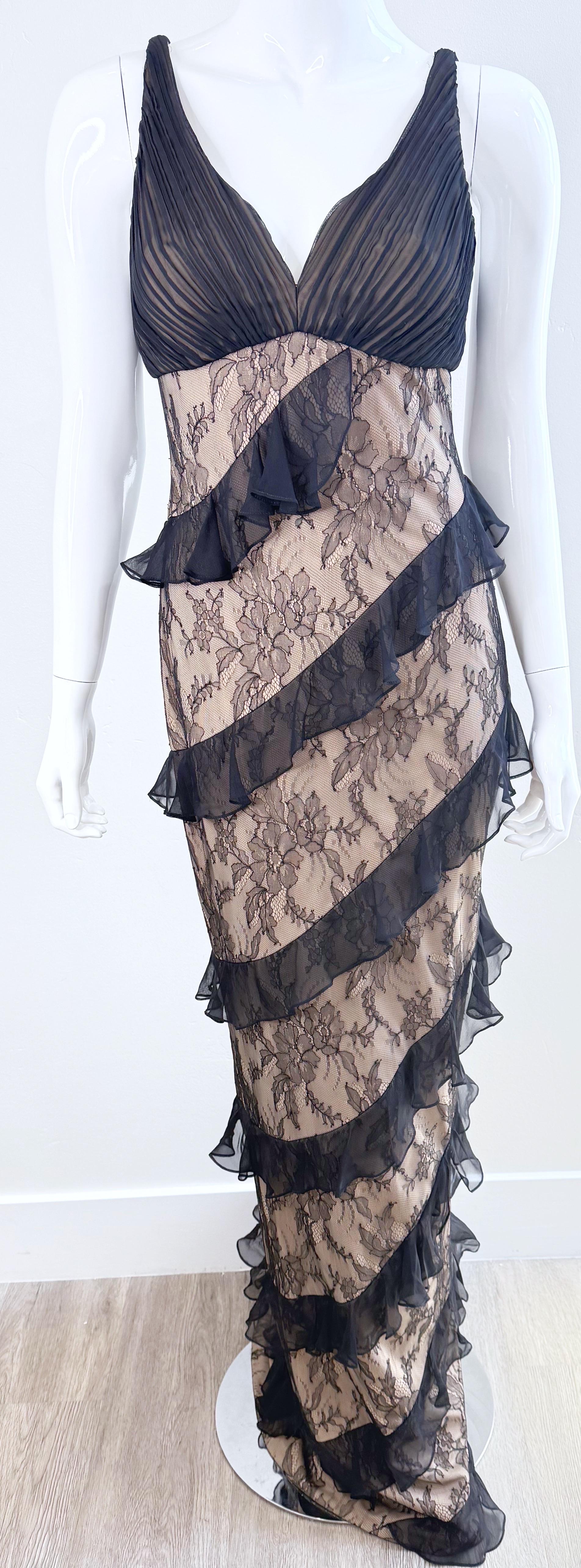 NWT $9, 500 CD Greene Couture 2000s Size 4 / 6 Black Nude Silk Lace Vintage Gown For Sale 1