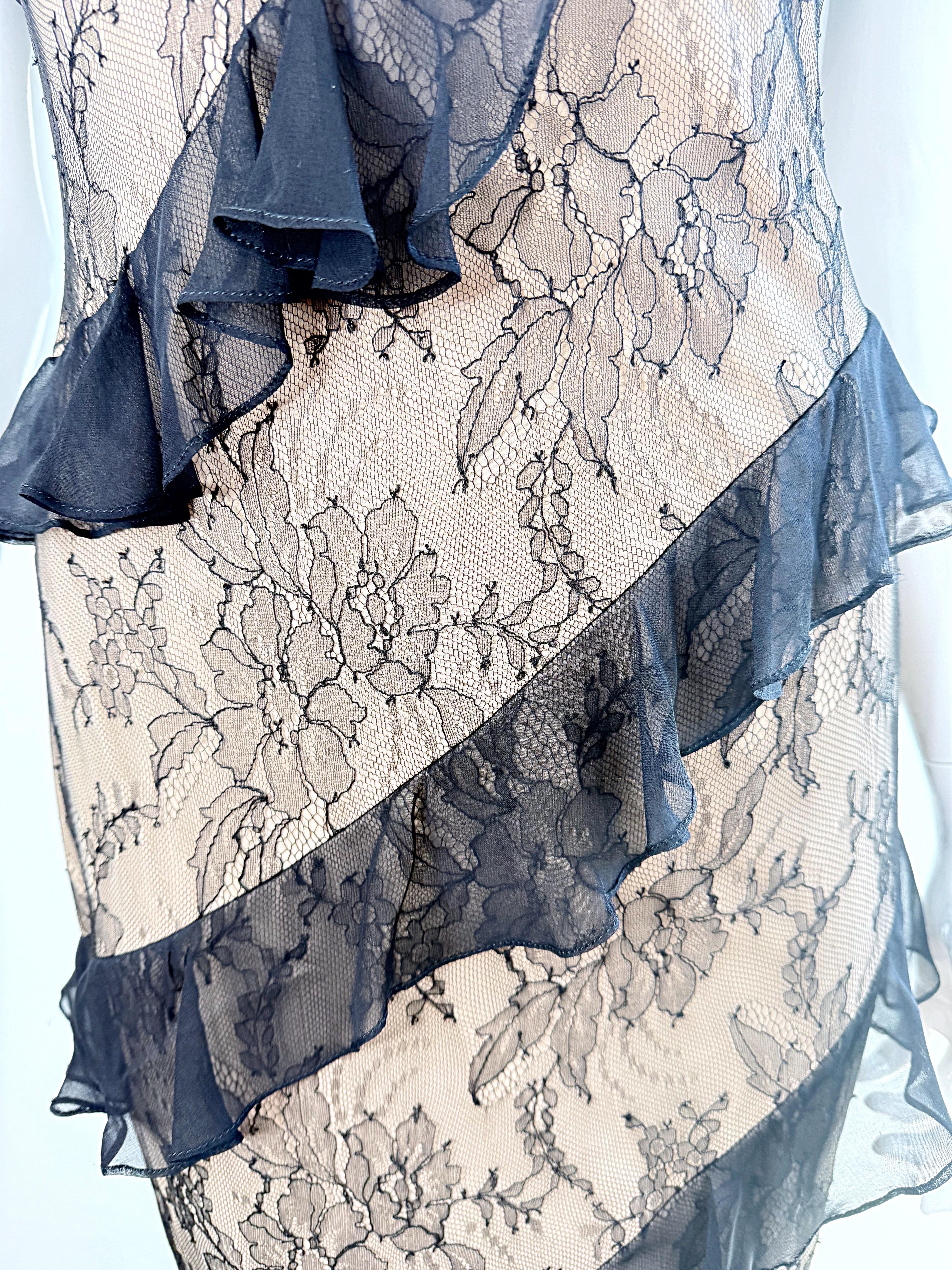 NWT $9, 500 CD Greene Couture 2000s Size 4 / 6 Black Nude Silk Lace Vintage Gown For Sale 4