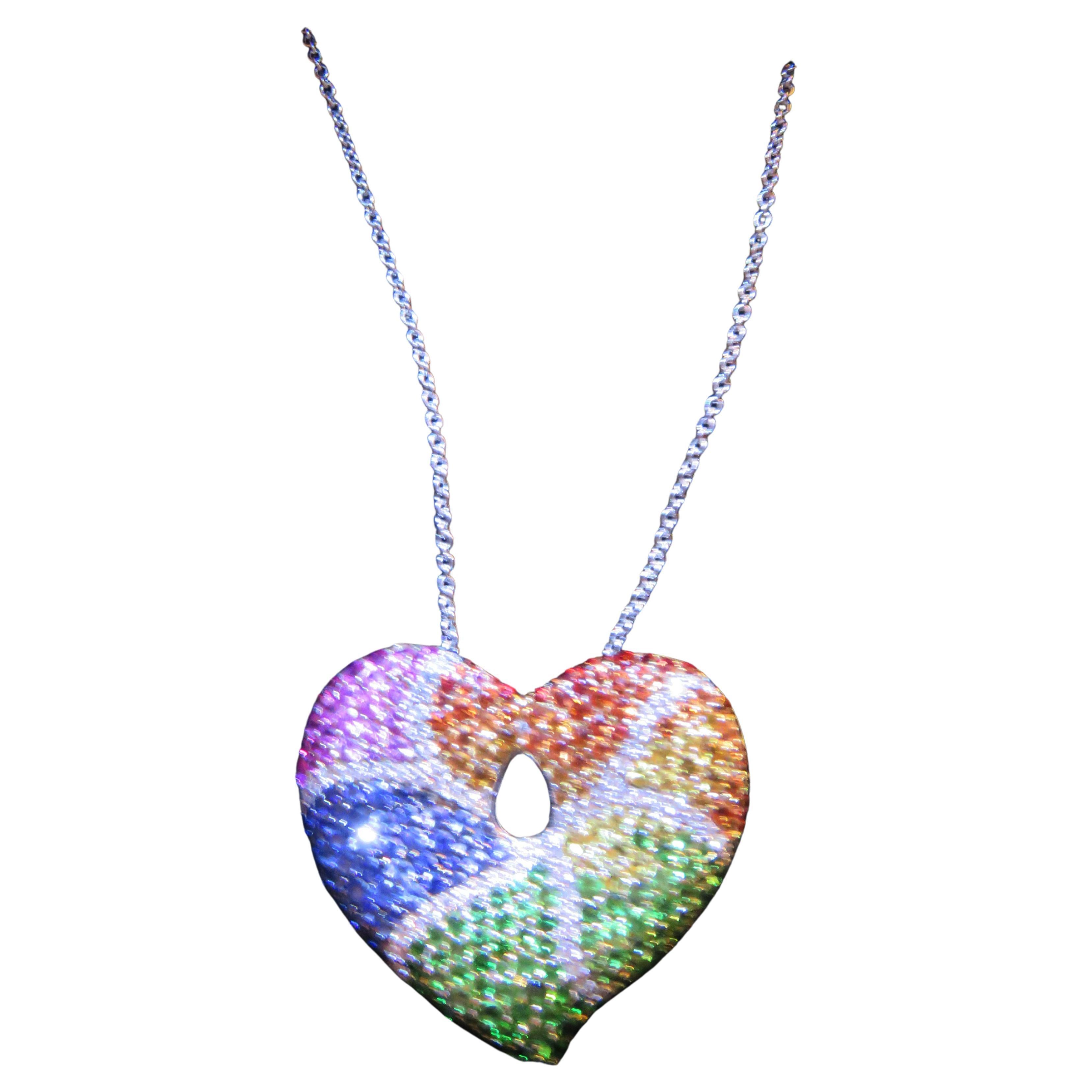 NWT $9, 600 Important 18KT Large 4CT Rainbow Sapphire Diamond Heart Necklace For Sale