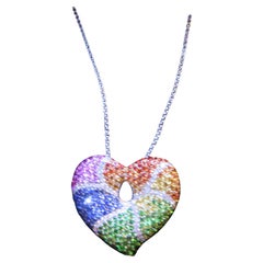 NWT $9, 600 Important 18KT Large 4CT Rainbow Sapphire Diamond Heart Necklace