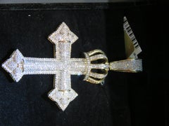 NWT $9, 820 Rare Important Fancy Yellow Gold Large Cross Diamond Crown Pendant