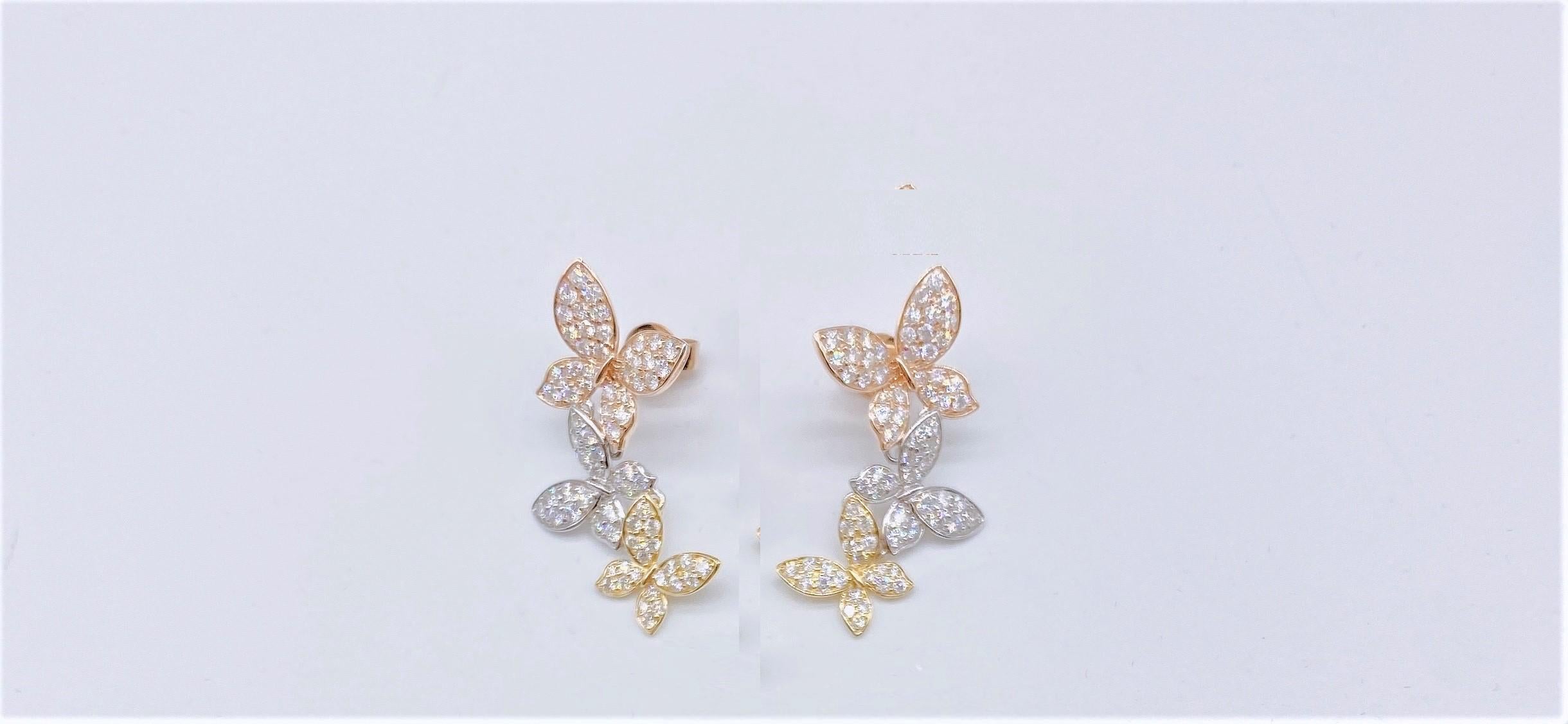 The Following Items we are offering is a Rare Important Radiant 18KT Yellow Gold and 18KT Tri Color Gold Gorgeous Butterfly Diamond Earrings. Earrings Feature Gorgeous Glittering Round Diamonds, all set in Yellow, Rose, and White 18KT Gold!! A Work