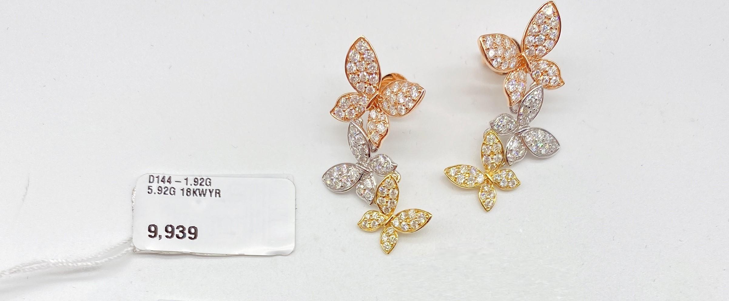 Round Cut NWT $9, 939 18KT Rose Yellow Gold Rare Gorgeous Diamond Three Butterfly Earrings