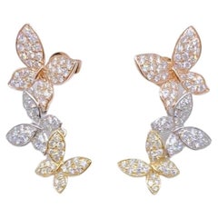 NWT $9, 939 18KT Rose Yellow Gold Rare Gorgeous Diamond Three Butterfly Earrings