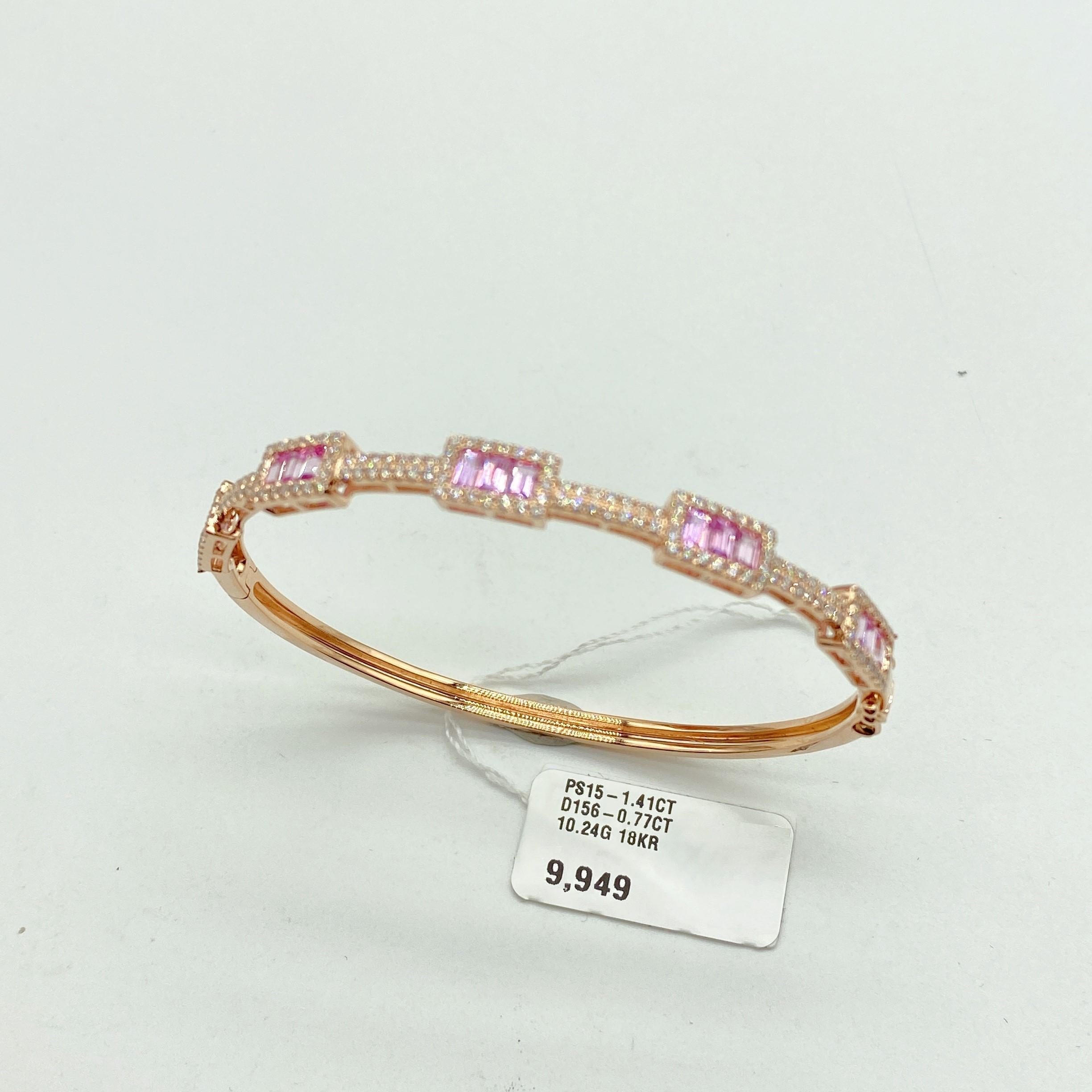 Mixed Cut 18 Karat Gold Fancy Glittering Pink Sapphire Diamond Bracelet Bangle Cuff For Sale