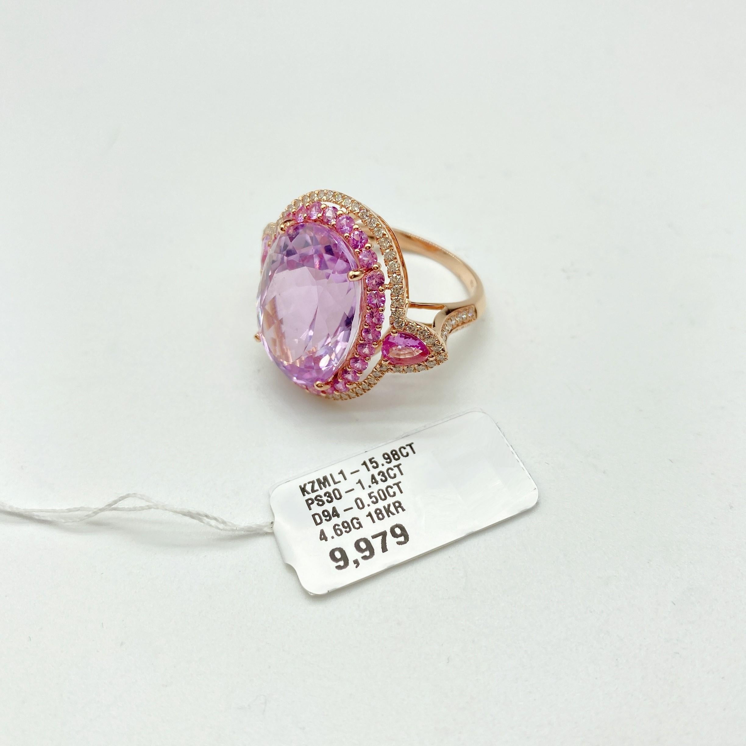 NWT $9, 979 Rare 18KT Fancy Large Gorgeous Kunzite Pink Sapphire Diamond Ring In New Condition For Sale In New York, NY