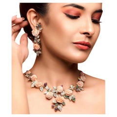 NWT $ 90, 000 Oro Fancy Flor Coral Esmeralda Zafiro Diamante Collar Pendientes