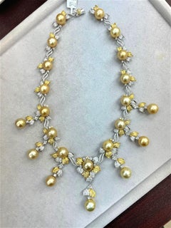 NWT $90, 000 Precioso collar de diamantes amarillos con perlas doradas del Mar del Sur en oro de 18 quilates