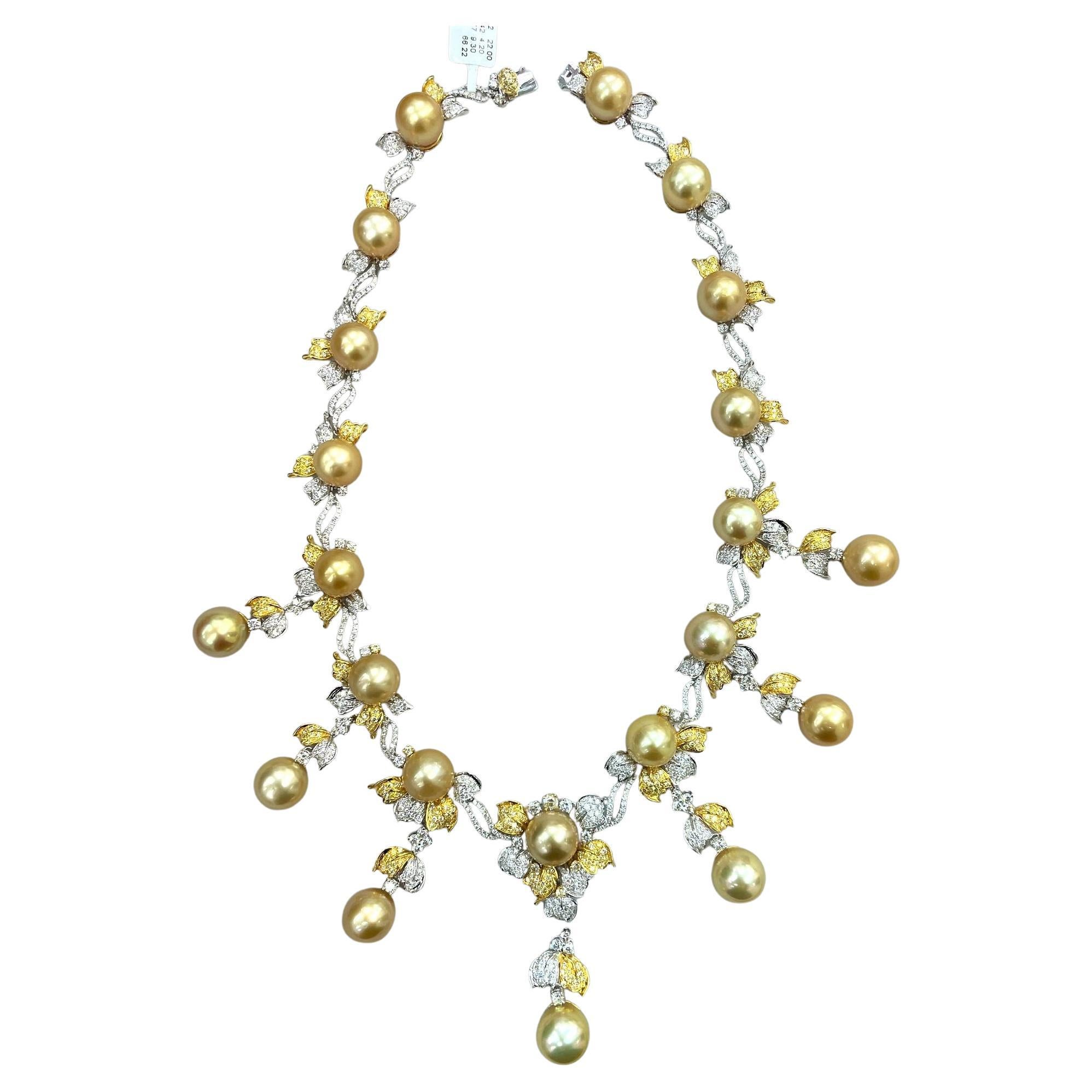 NWT $90, 000 Gorgeous 18KT Gold South Sea Golden Pearl Yellow Diamond Necklace For Sale