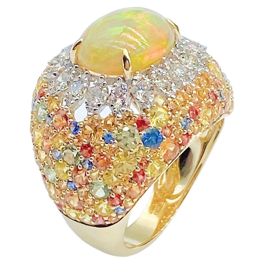  NWT 9, 009 Rare 18KT Fancy Large Glittering Opal Rainbow Sapphire Diamond Ring For Sale