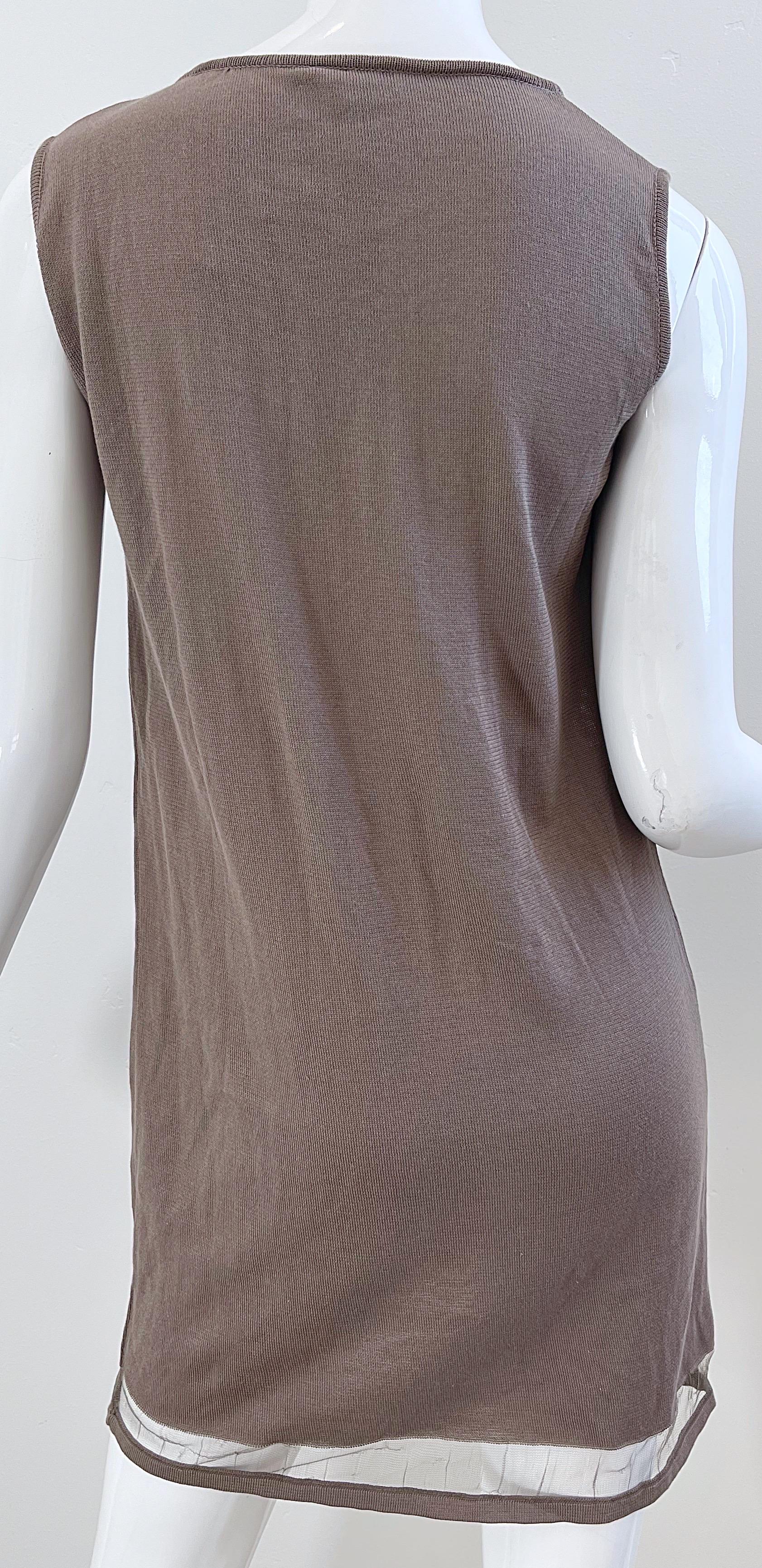 NWT 90s Krizia Taupe Brown Size 46 / US 10 12 Sheer Sleeveless Knit 1990s Dress For Sale 3