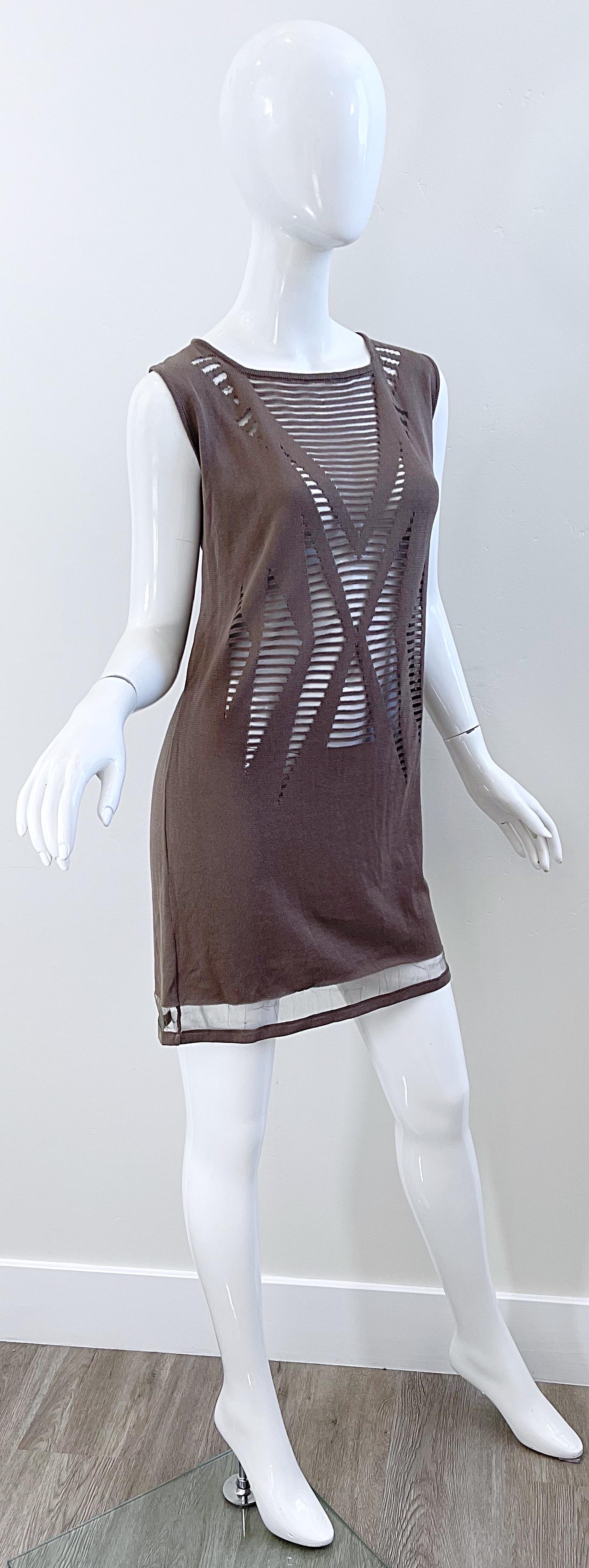 NWT 90s Krizia Taupe Brown Size 46 / US 10 12 Sheer Sleeveless Knit 1990s Dress For Sale 4