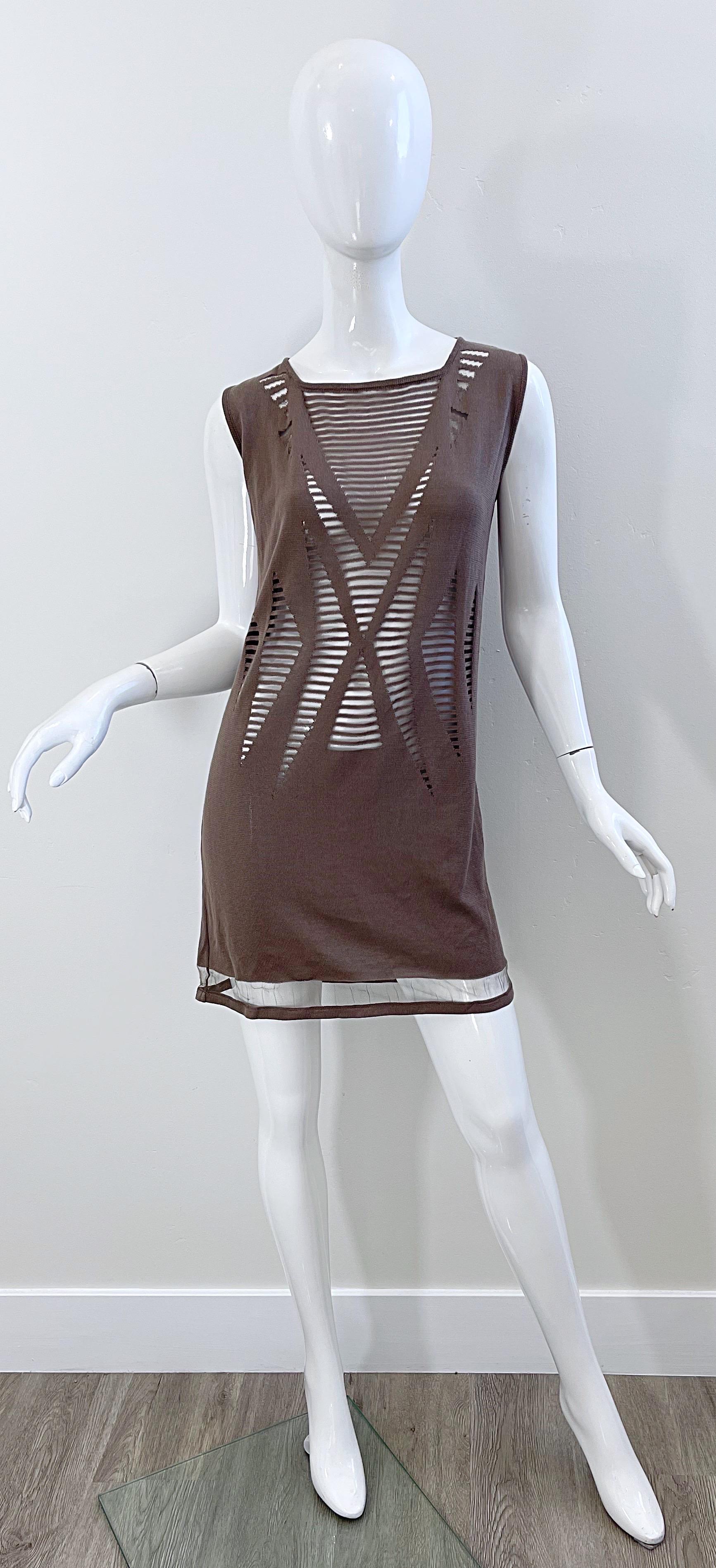 NWT 90s Krizia Taupe Brown Size 46 / US 10 12 Sheer Sleeveless Knit 1990s Dress For Sale 6