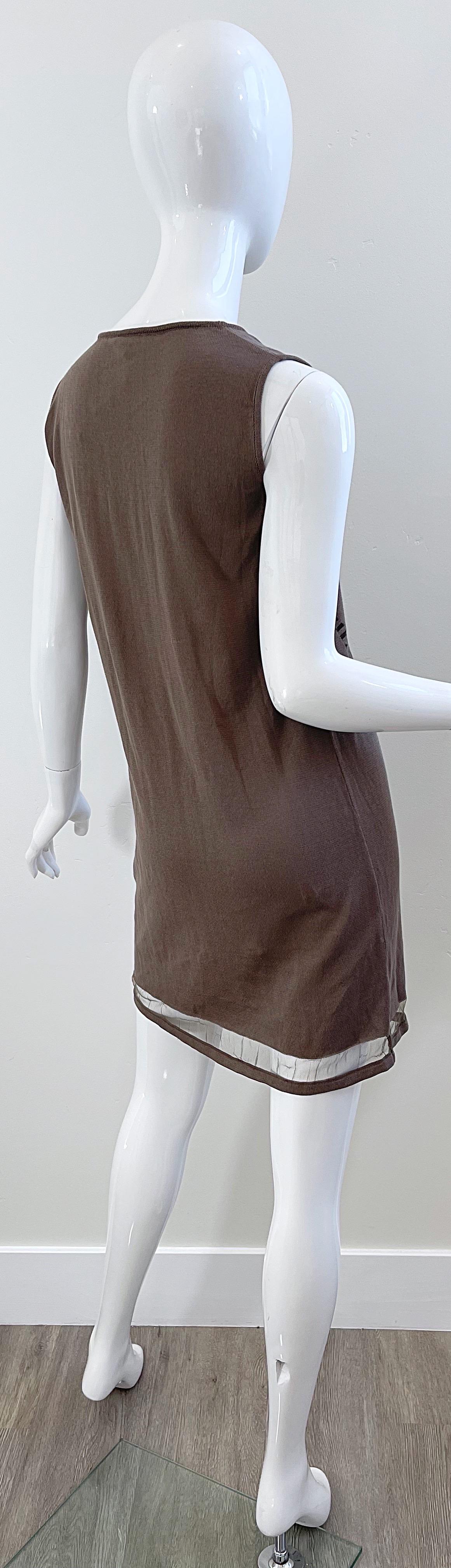 NWT 90s Krizia Taupe Brown Size 46 / US 10 12 Sheer Sleeveless Knit 1990s Dress In New Condition For Sale In San Diego, CA