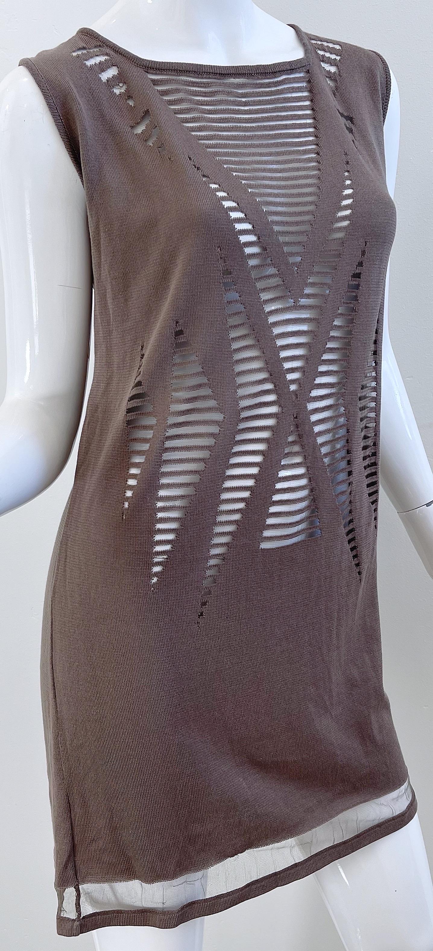 NWT 90s Krizia Taupe Brown Size 46 / US 10 12 Sheer Sleeveless Knit 1990s Dress For Sale 1