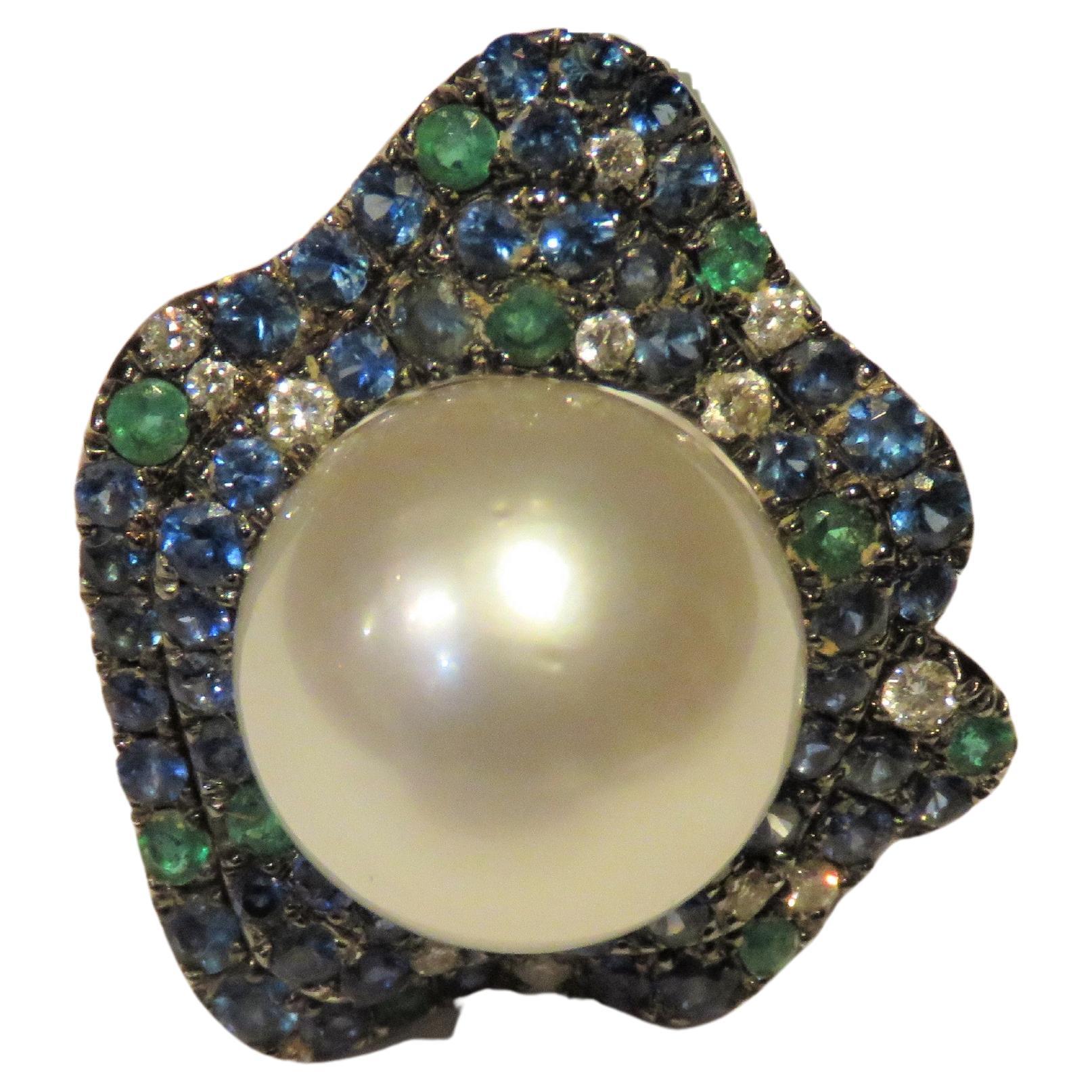 NWT $9, 150 Important 18KT Gold Large White South Sea Pearl Emerald Sapphire Ring