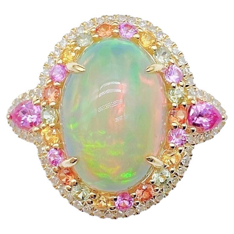 NWT 9, 189 Rare 18KT Fancy Lrg Glittering 8CT Opal Rainbow Sapphire Diamond Ring For Sale