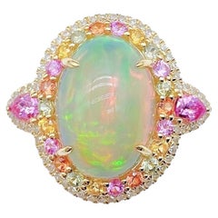 Antique NWT 9, 189 Rare 18KT Fancy Lrg Glittering 8CT Opal Rainbow Sapphire Diamond Ring
