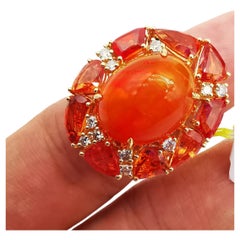 Rare bague fantaisie en or 18 carats avec saphir orange 14 carats, opale et diamant 9,209 carats, neuve avec étiquette