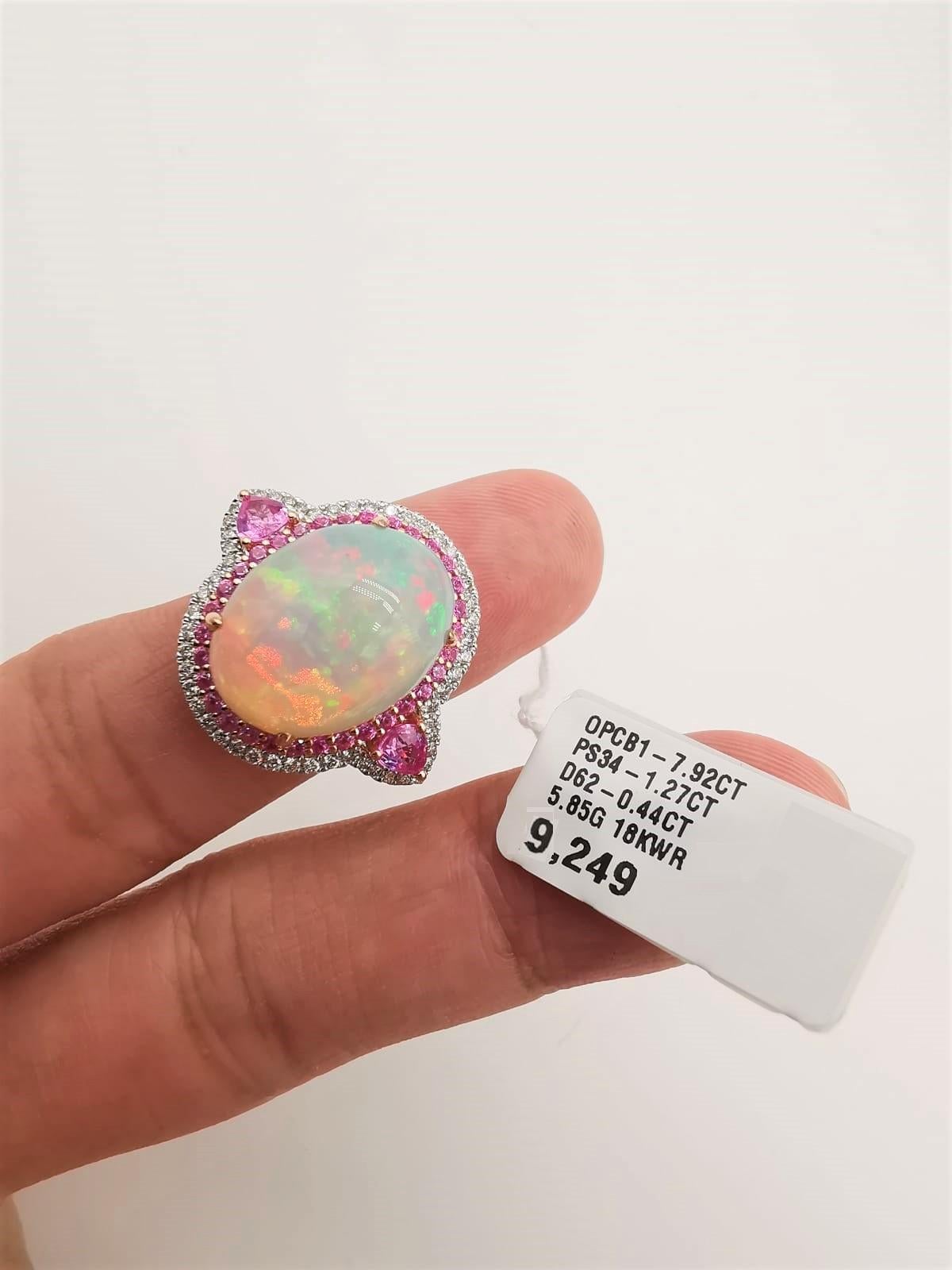Nwt 9.249 Rare 18kt Fancy Large Glittering 10ct Opal Pink Sapphire Diamond Ring In New Condition For Sale In New York, NY