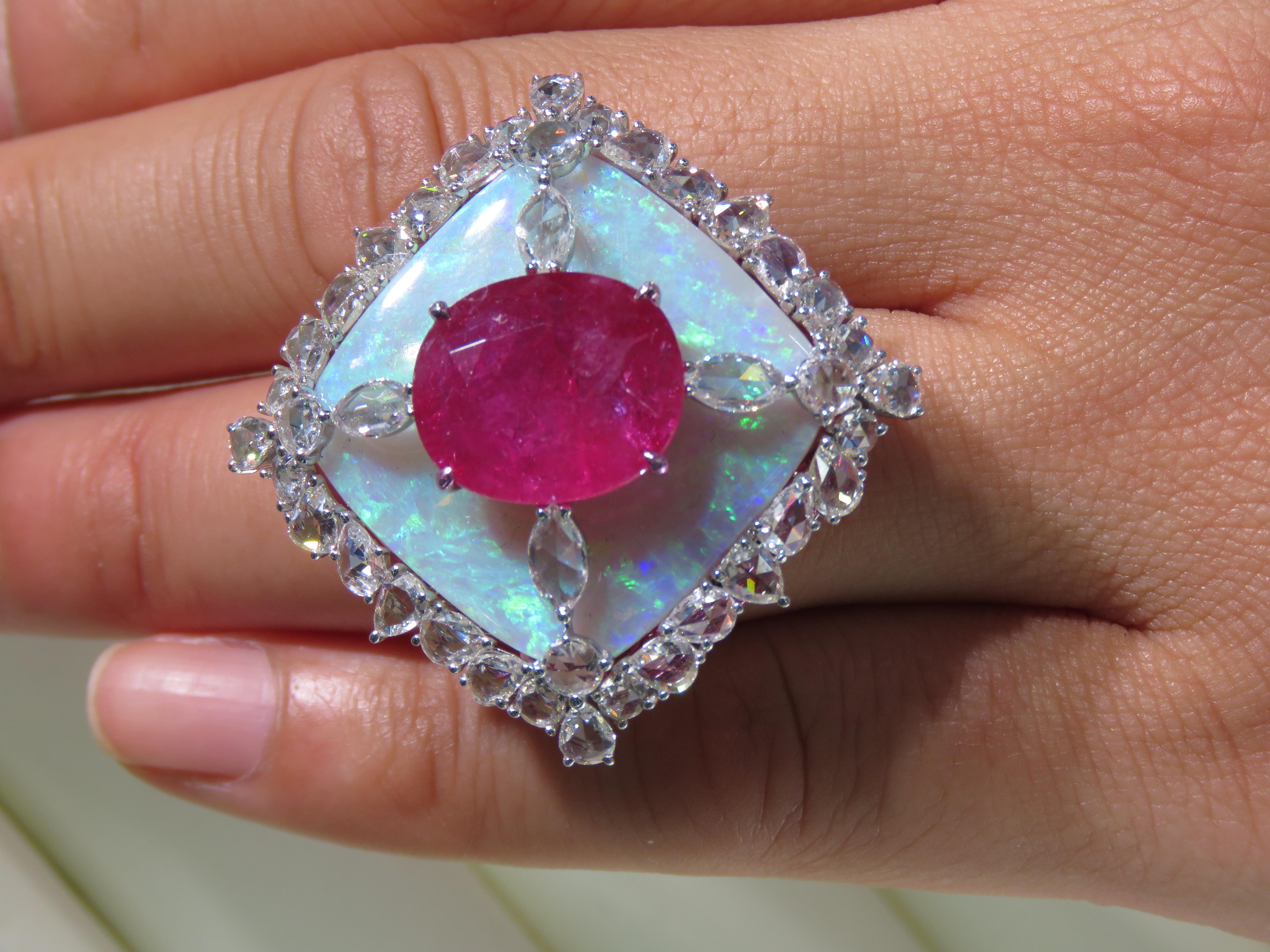 NWT $93, 000 Rare 18KT Gold Glittering 60CT Large Ruby Black Opal Diamond Ring For Sale 2