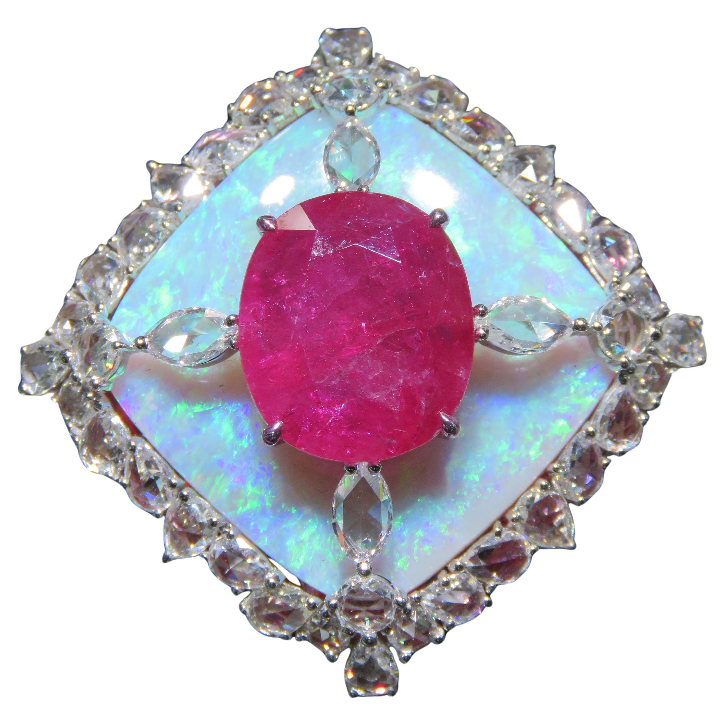 NWT $93, 000 Rare 18KT Gold Glittering 60CT Large Ruby Black Opal Diamond Ring For Sale