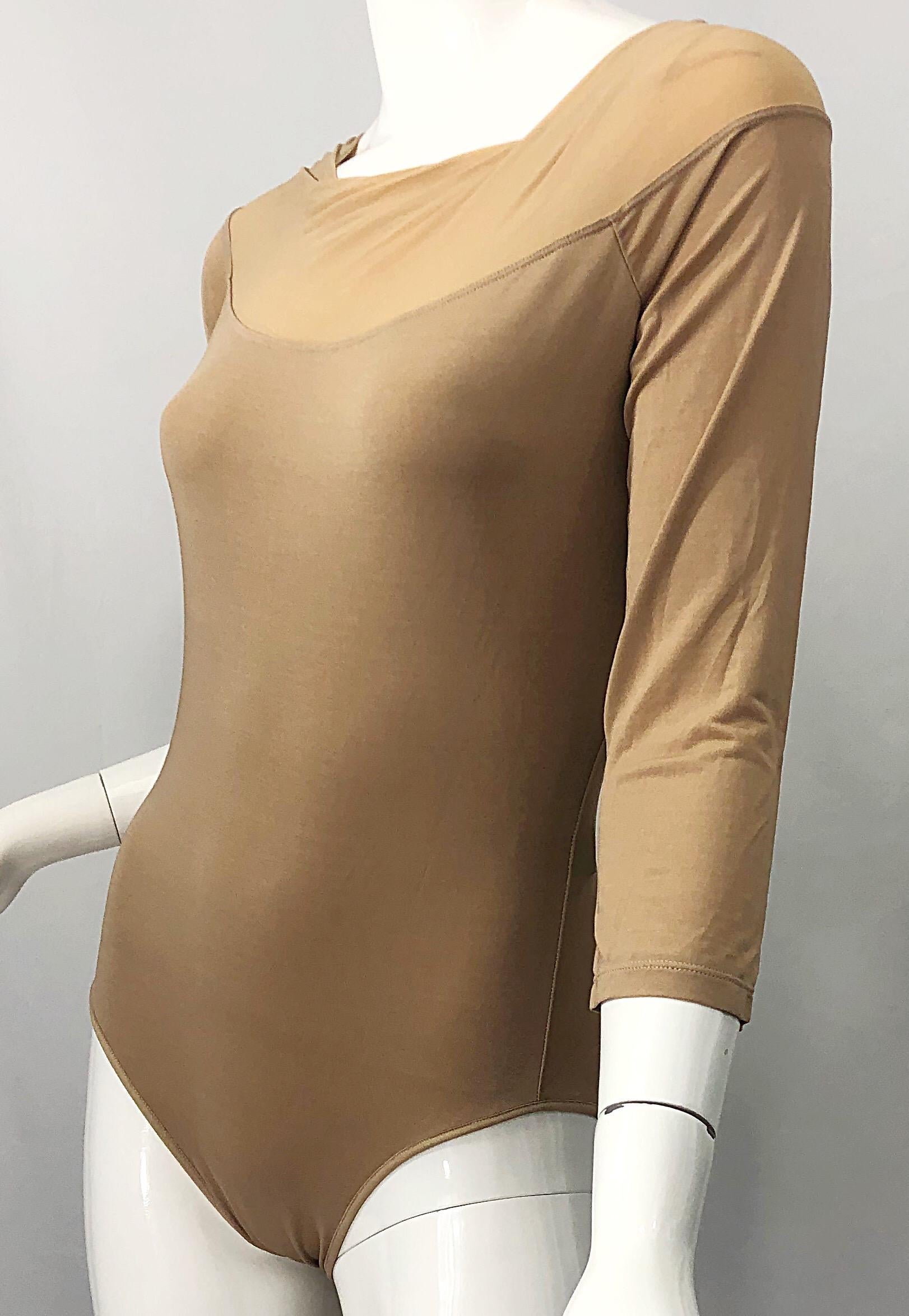 NWT $950 Donna Karan Collection 1990s Camel Nude 3/4 Sleeve One Piece Bodysuit M 5