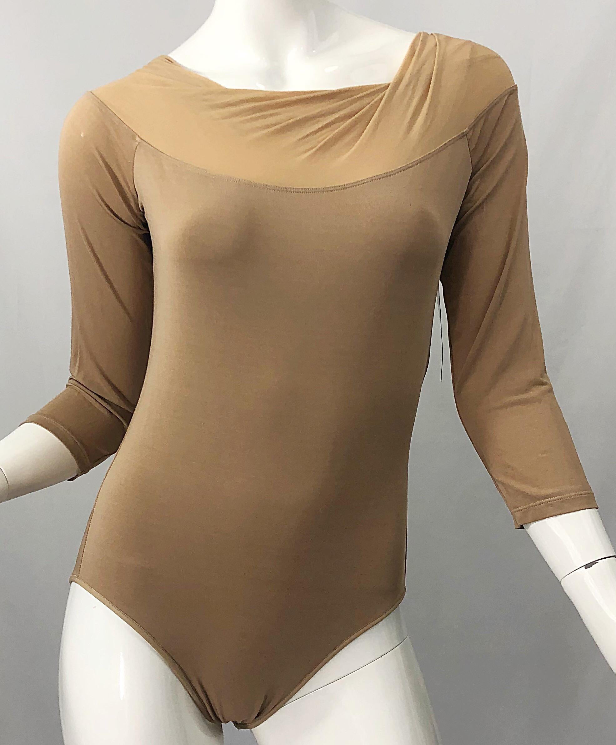 NWT $950 Donna Karan Collection 1990s Camel Nude 3/4 Sleeve One Piece Bodysuit M 6
