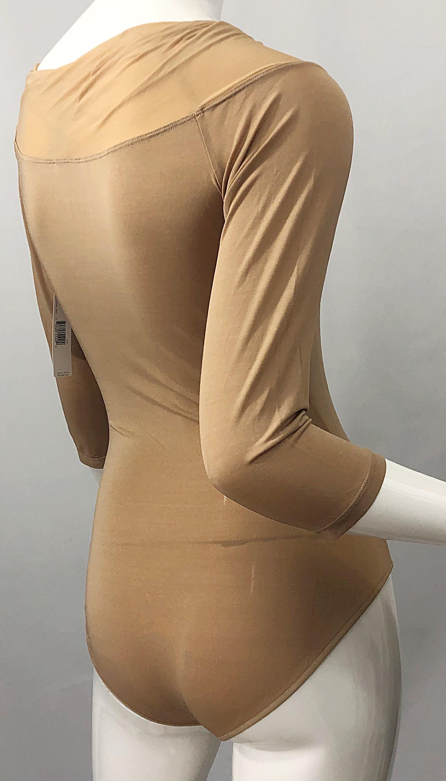 NWT $950 Donna Karan Collection 1990s Camel Nude 3/4 Sleeve One Piece Bodysuit M 7