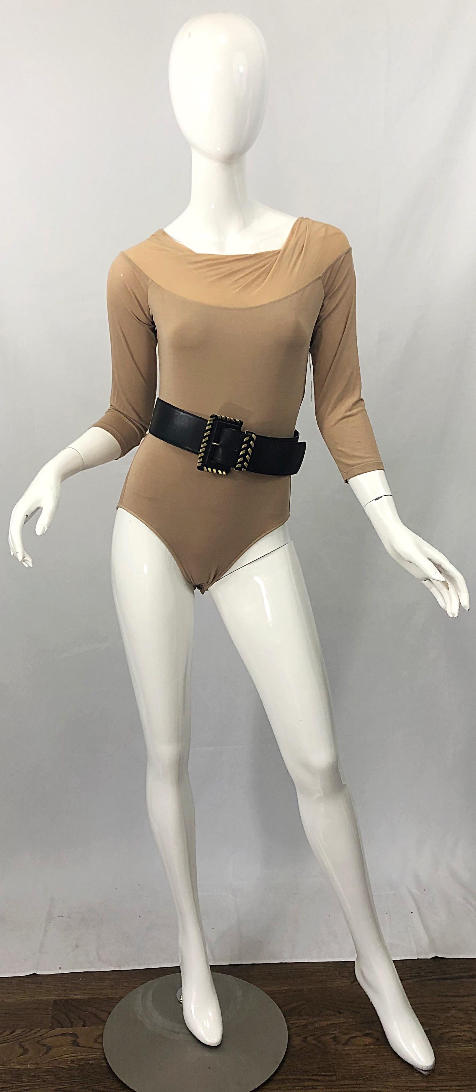 NWT $950 Donna Karan Collection 1990s Camel Nude 3/4 Sleeve One Piece Bodysuit M 8