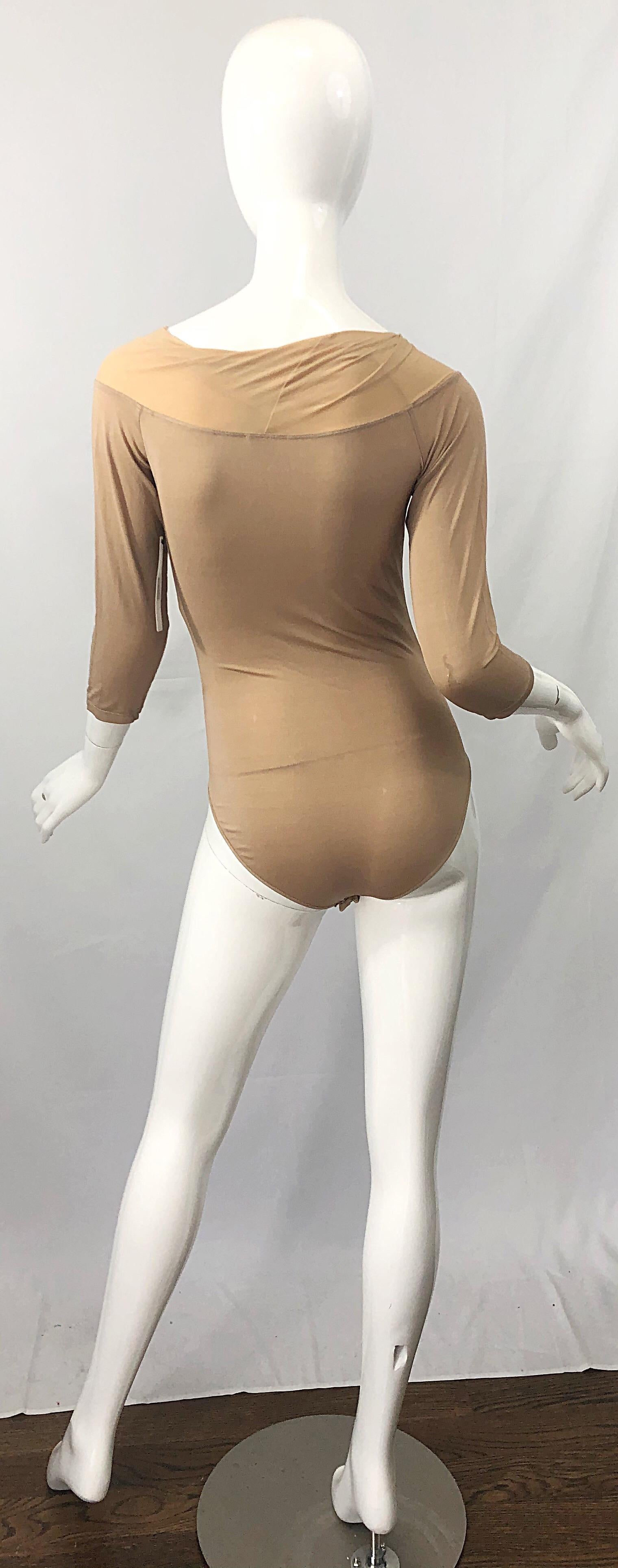 NWT $950 Donna Karan Collection 1990s Camel Nude 3/4 Sleeve One Piece Bodysuit M 9