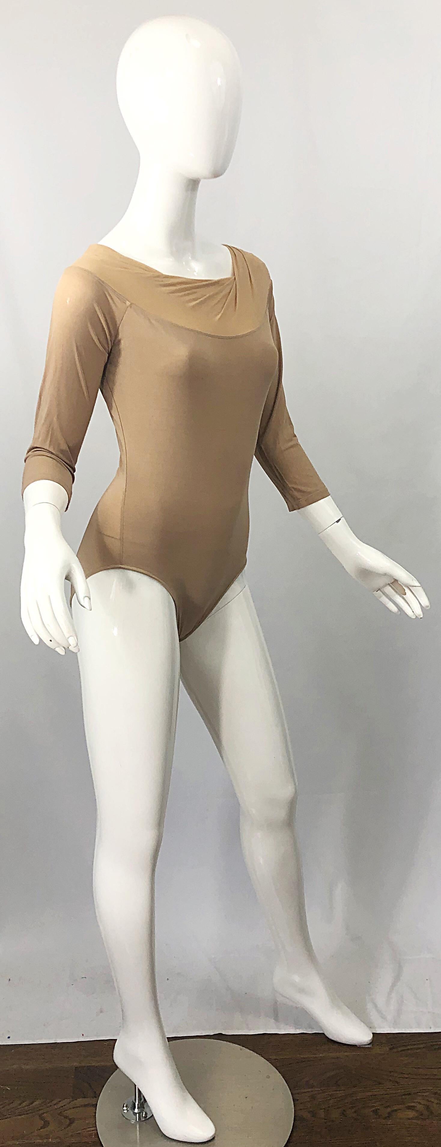 NWT $950 Donna Karan Collection 1990s Camel Nude 3/4 Sleeve One Piece Bodysuit M 10
