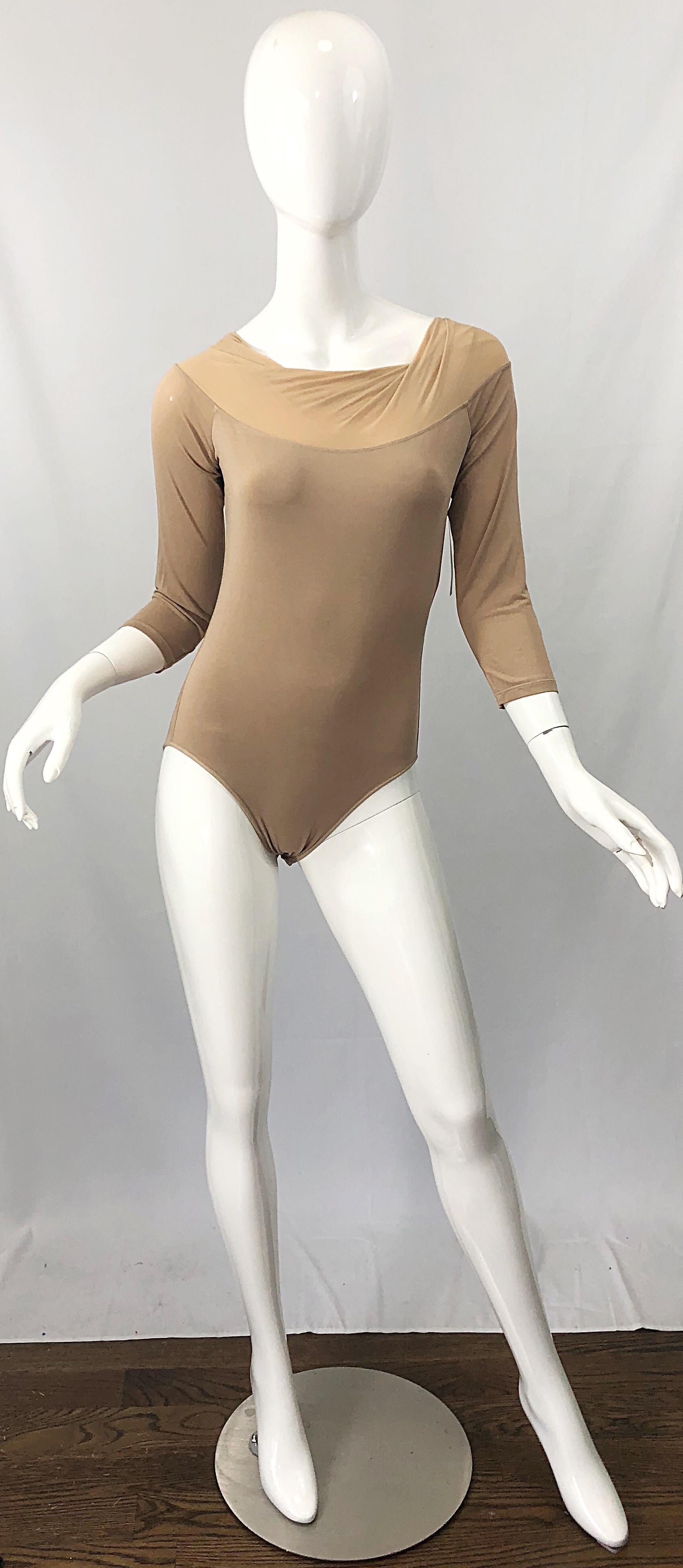 NWT $950 Donna Karan Collection 1990s Camel Nude 3/4 Sleeve One Piece Bodysuit M 11