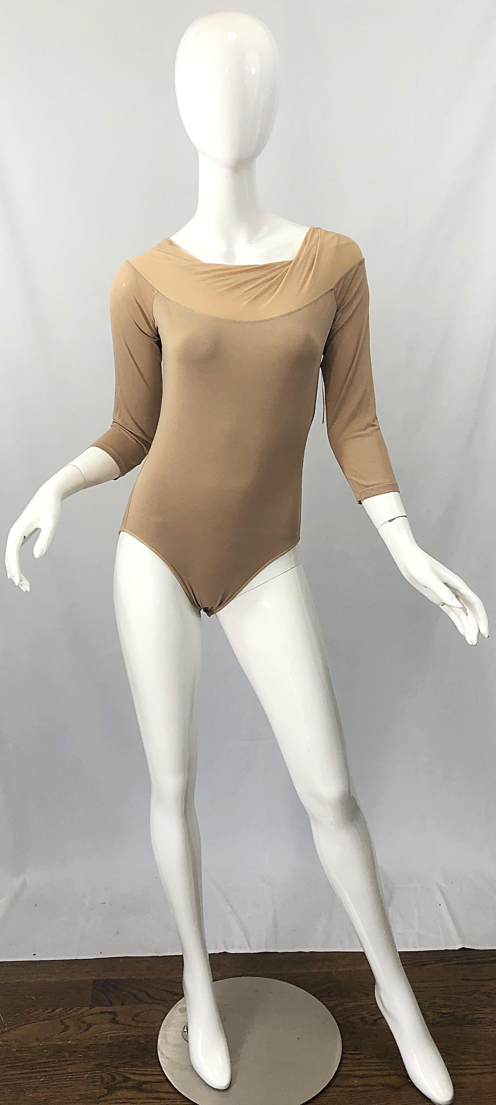 Brown NWT $950 Donna Karan Collection 1990s Camel Nude 3/4 Sleeve One Piece Bodysuit M