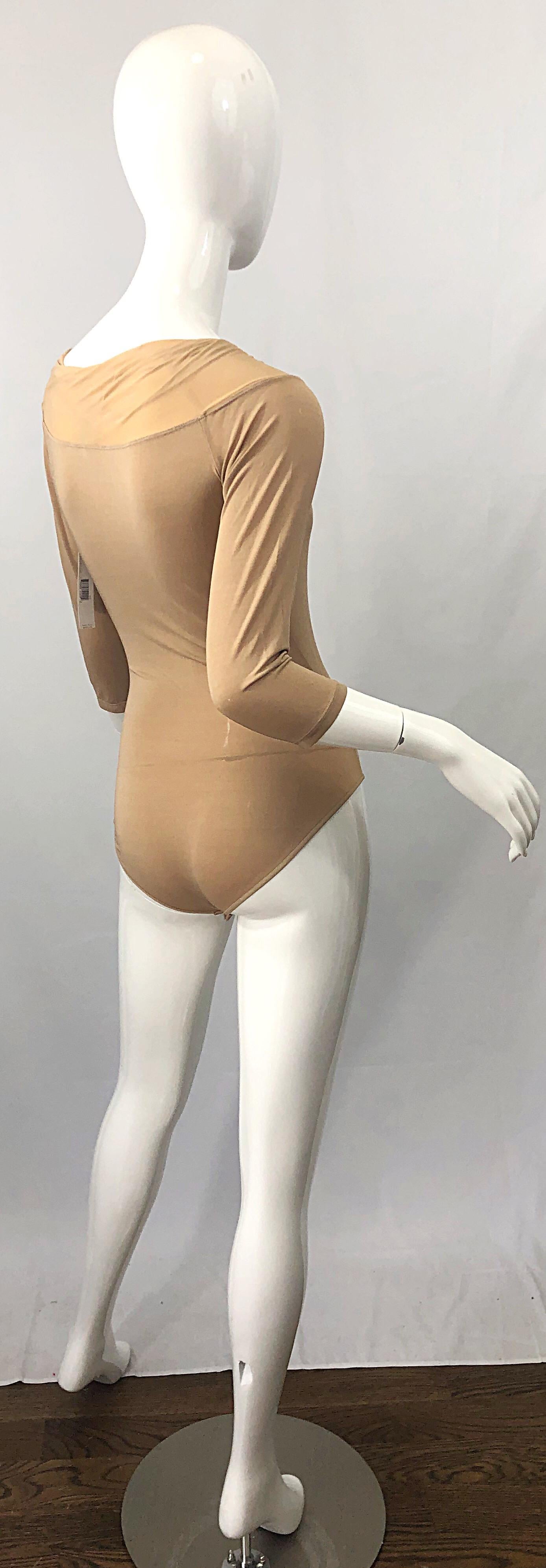NWT $950 Donna Karan Collection 1990s Camel Nude 3/4 Sleeve One Piece Bodysuit M In New Condition In San Diego, CA