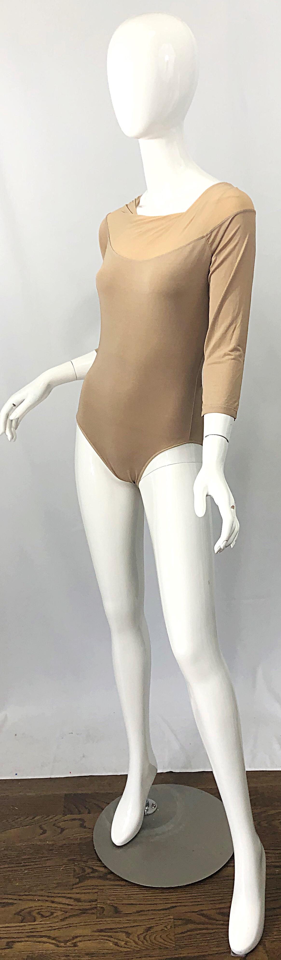 NWT $950 Donna Karan Collection 1990s Camel Nude 3/4 Sleeve One Piece Bodysuit M 1