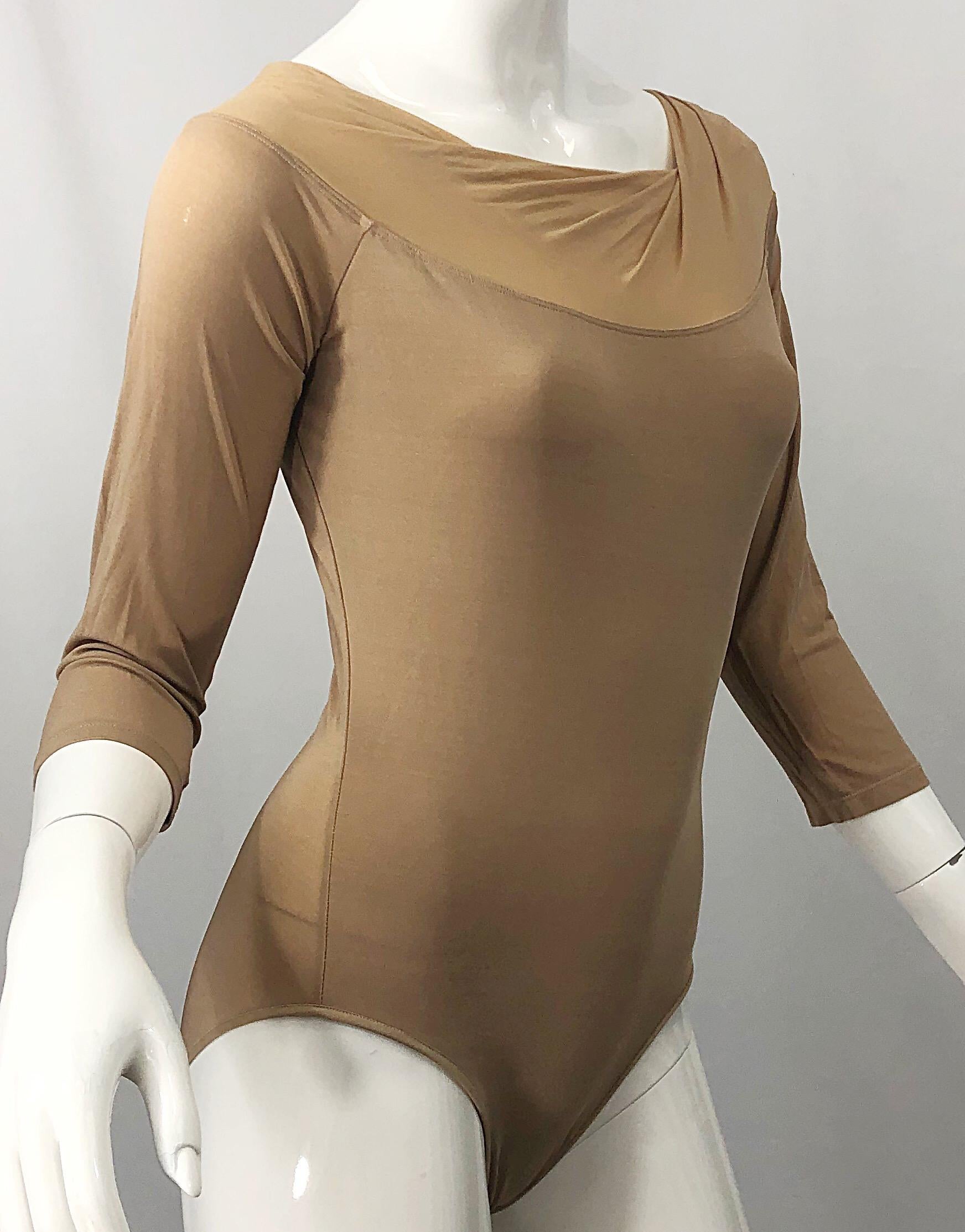 NWT $950 Donna Karan Collection 1990s Camel Nude 3/4 Sleeve One Piece Bodysuit M 2